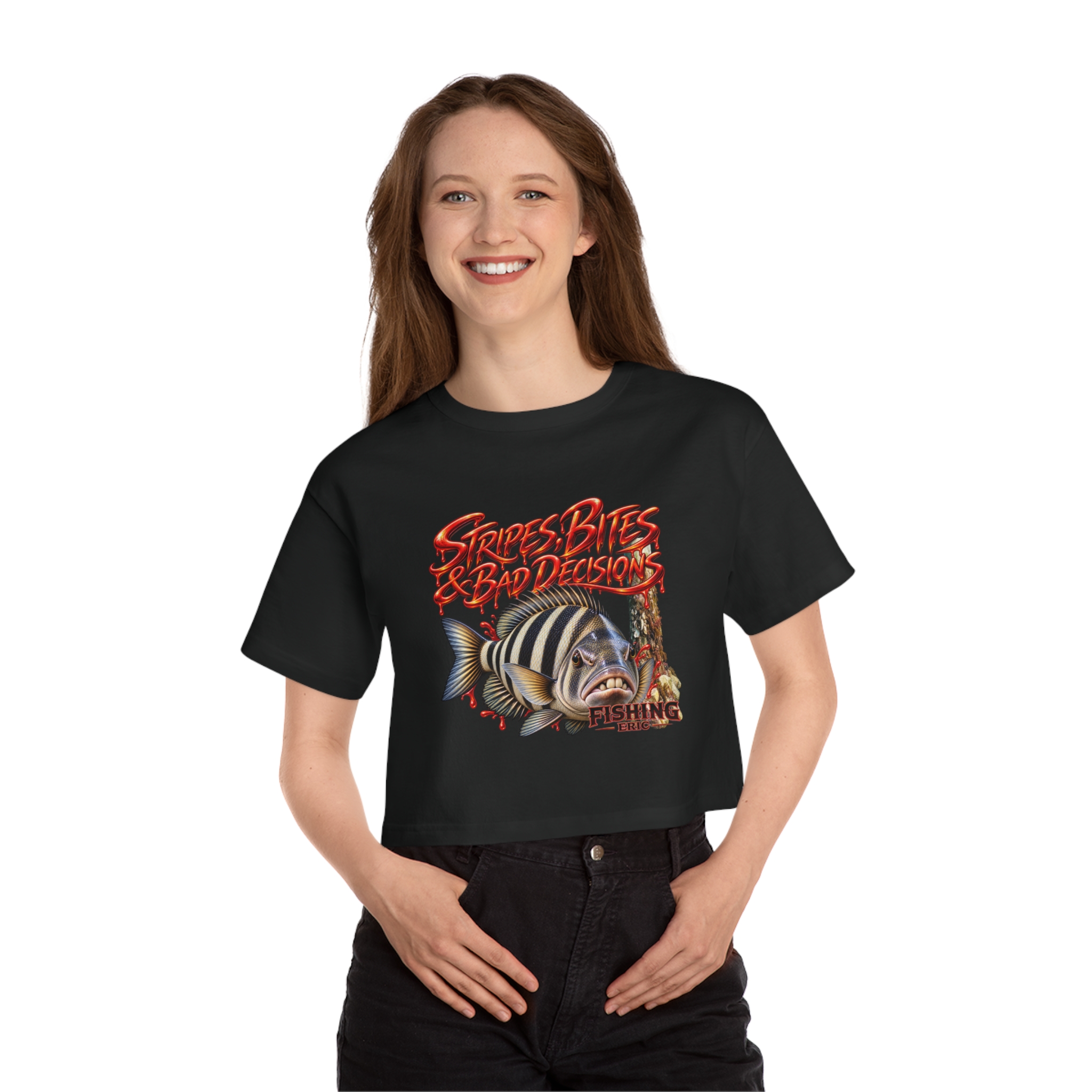 Strokes Bites Bad Decisions Fishing Cropped T-Shirt - Image 9