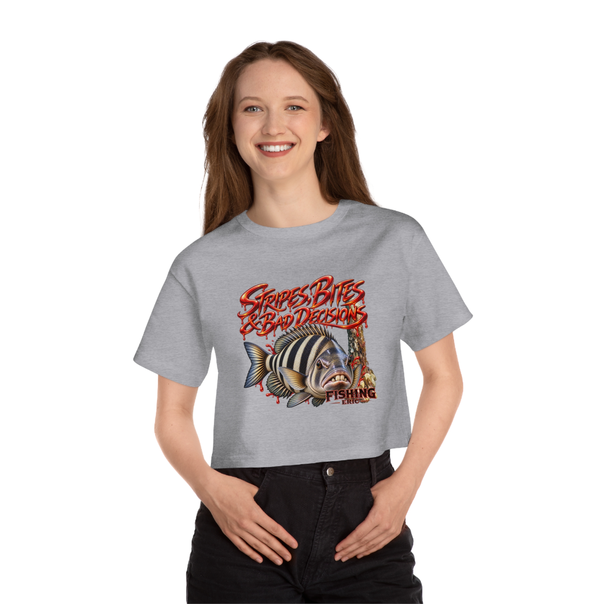 Strokes Bites Bad Decisions Fishing Cropped T-Shirt - Image 12