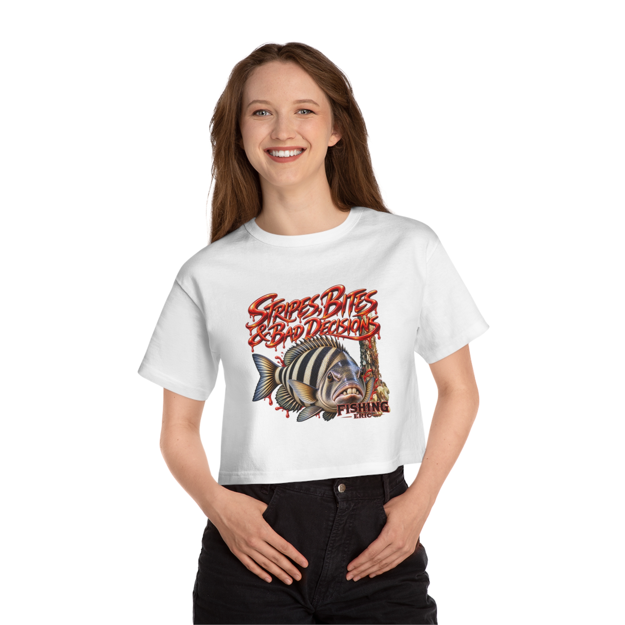 Strokes Bites Bad Decisions Fishing Cropped T-Shirt - Image 6